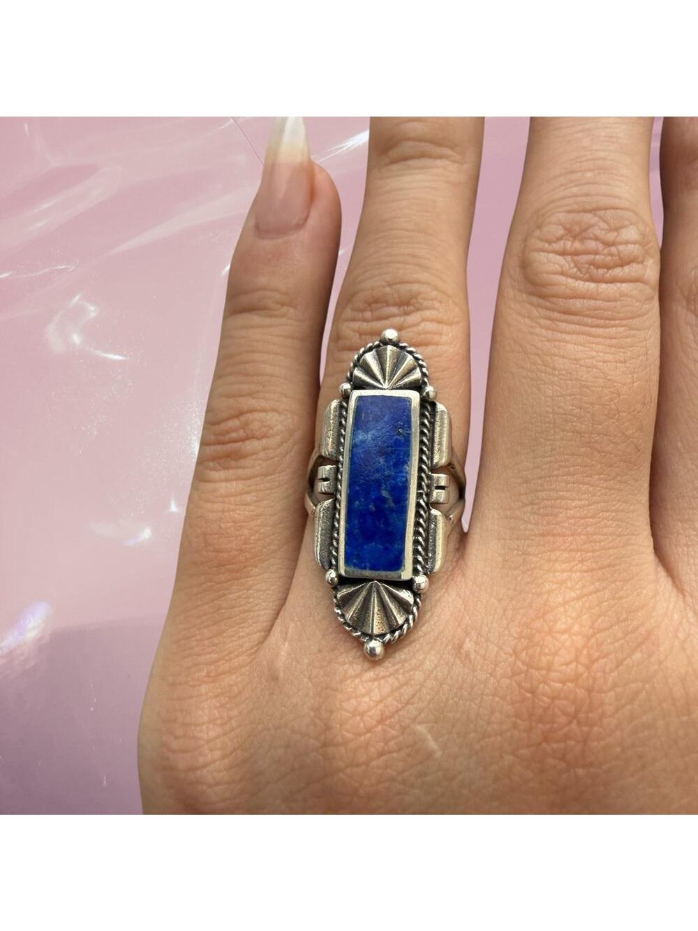 Vintage boho festival Blue Lapis Ornate frame 925 Sterling Silver ring Size 5